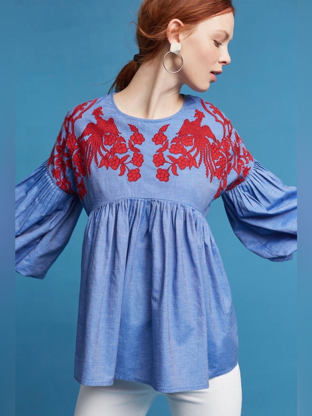 HEMANT & NANDITA Blue Tunic with Red Embroidery Small
